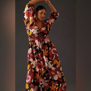 MAEVE Anthropologie Floral Deep V-Neck Ruched Dress (Size 14)